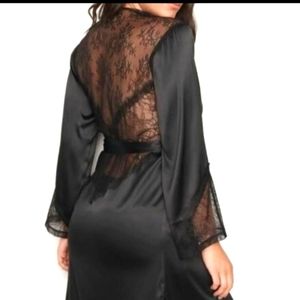 NWOT Silky Black Lace Lingerie Robe